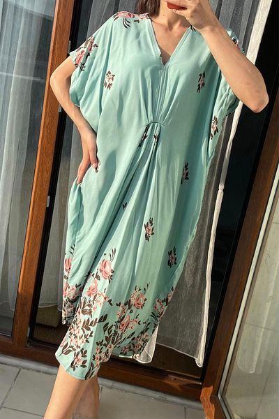 AYASOFYA OTANTIK Women's Mint Green V Blue White Patterned Short Sleeve Midi Pareo Dress