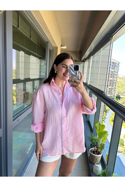 Elif Özbey Butik Cămașă cu dungi cu dantelă roz