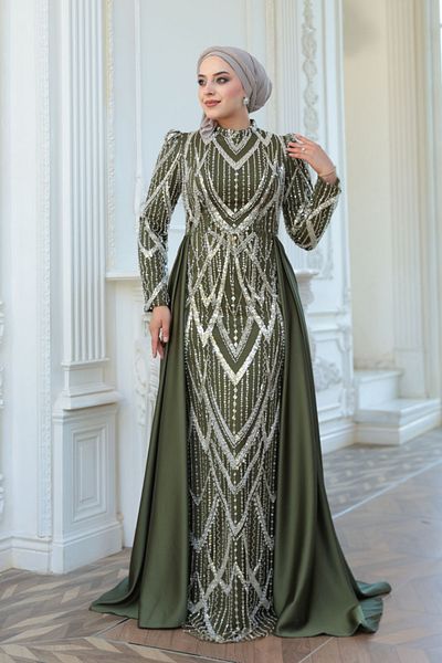 N.S NEVA STYLE Khaki Hijab Evening Dress with Beaded Tail 51923Hk