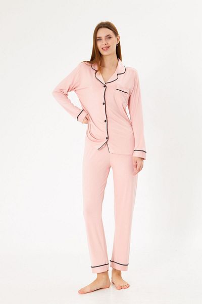 ÇağrıHome Women's 100% Cotton Luxury Viscose Pink Color Shirt Collar Buttoned White Piping Pajama Set