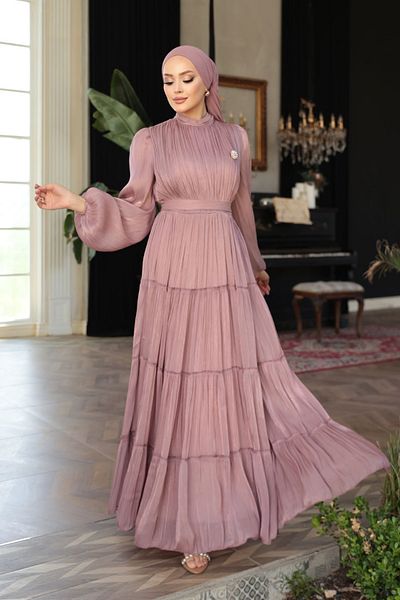 N.S NEVA STYLE - Βραδινό φόρεμα με πτυχωτό Dusty Rose Hijab 52981GK