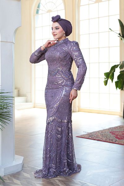 N.S NEVA STYLE - Bead Embroidered Lilac Hijab Evening Dress 51636Lila