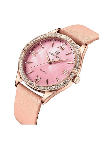 Naviforce Women's Elegant Pink Analog Watch – 37mm Crystal Bezel, Rose Gold Leather Strap