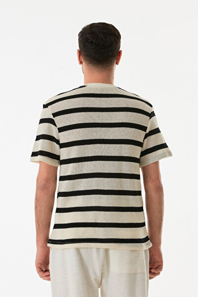 Fulla Moda Striped Openwork Crew Neck Knitwear T-Shirt