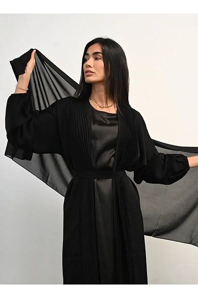 Jameela Black Pleated Front Open Abaya 3 pieces Set