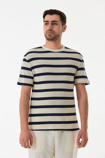 Fulla Moda Πλεκτό μπλουζάκι με ριγέ διάτρητο λαιμόκοψη