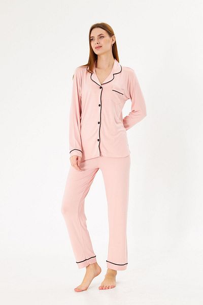 ÇağrıHome Women's 100% Cotton Luxury Viscose Pink Color Shirt Collar Buttoned White Piping Pajama Set
