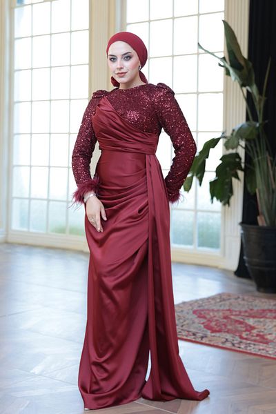N.S NEVA STYLE Beaded Burgundy Hijab Evening Dress 52151Br