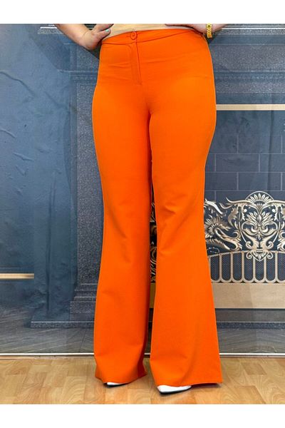 Yeşilmoda Cloth Pants,Spanish Leg,Crepe,Zipper,Single Button,High Waist,Chic,Orange,Women