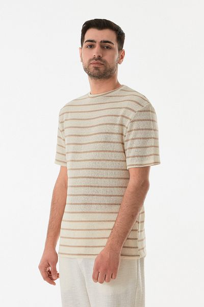 Fulla Moda Πλεκτό μπλουζάκι με ριγέ διάτρητο λαιμόκοψη