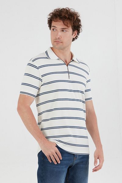 Fulla Moda Tricou cu guler polo cu jumătate de fermoar în dungi