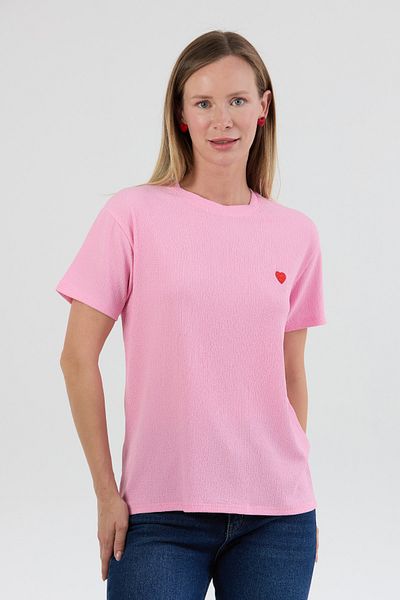 Fulla Moda Heart Embroidered Wrinkle Fabric T-Shirt