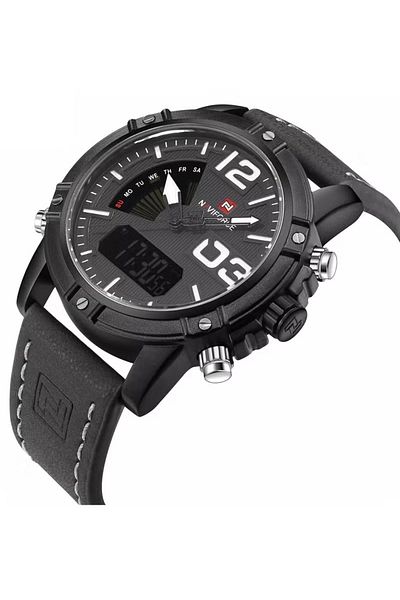 Naviforce Men's Dual Display Sports Watch – 45mm Analog-Digital, Chronograph, Leather Strap, Water Resistant