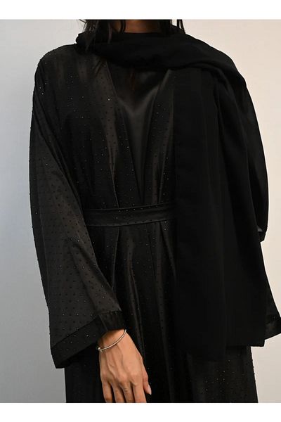 Jameela Black Bling Open Abaya 3 pieces Set