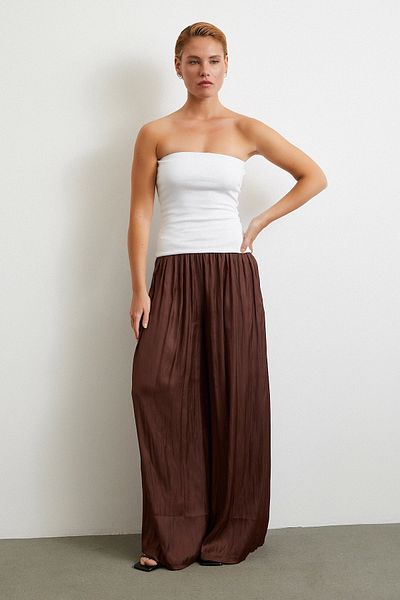 Never more Wide Leg Drawstring Trousers with Elastic Waist Brown