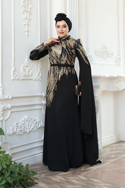 N.S NEVA STYLE - Beaded Black Hijab Evening Dress 51423S