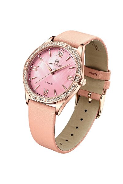 Naviforce Women's Elegant Pink Analog Watch – 37mm Crystal Bezel, Rose Gold Leather Strap