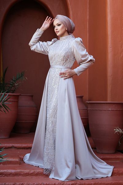 N.S NEVA STYLE - Beaded Tailed Beige Hijab Evening Dress 50901Bej