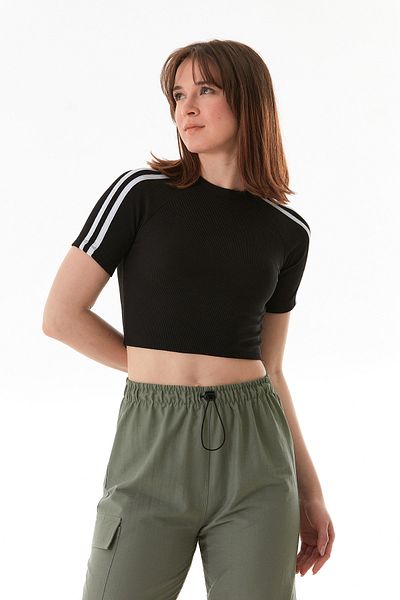 Fulla Moda Ribbed Sleeves Striped Crop T-Shirt