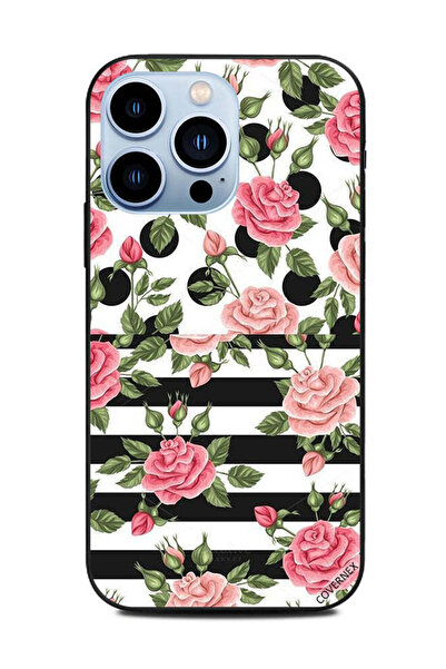 Covernex غطاء حماية لهاتف أبل آيفون 13 برو، ورود وردية وخطوط سوداء وبيضاء