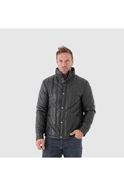 TOGO Haki Yeşil Hakiki Deri Erkek Hakim Yaka Deri Mont [810022]