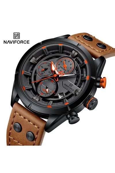 Naviforce Rugged Chronograph Wrist Watch for Men with Leather Strap Water Resistant Multi-Function Timepiece