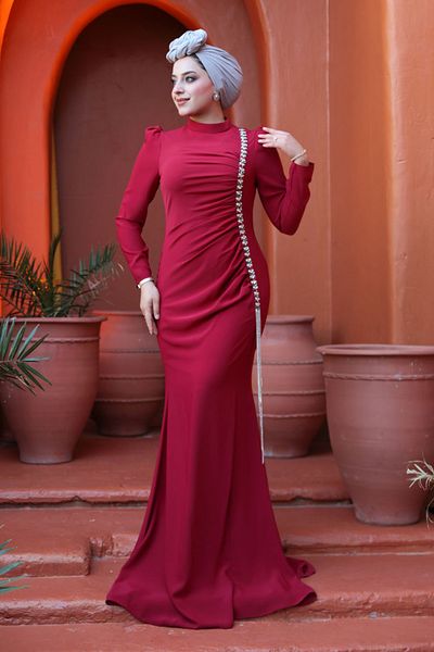 N.S NEVA STYLE -Βουργουνδία Hijab βραδινό φόρεμα με λεπτομέρεια από χάντρες 49651BR