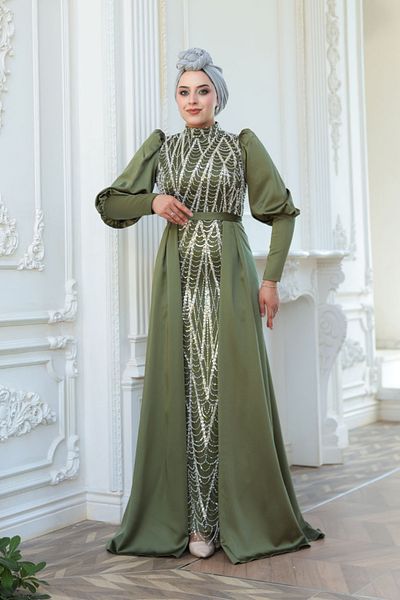 N.S NEVA STYLE - Beaded Tailed Khaki Hijab Evening Dress 50901Hk