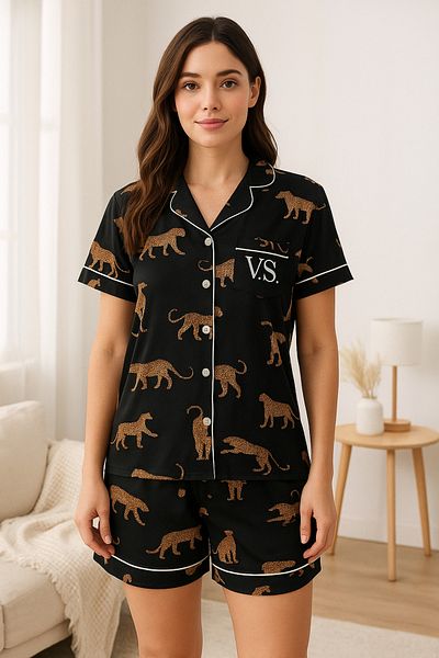 FENZO Women's Black Lion Printed Cotton Viscose Shorts Pajamas Set Cool Comfort