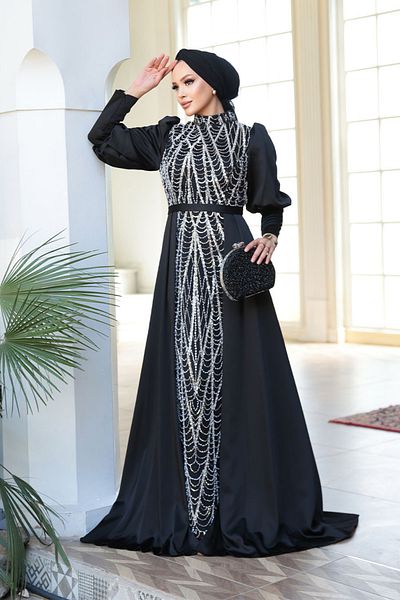 N.S NEVA STYLE - Black Hijab Evening Dress with Beaded Tail 50901S