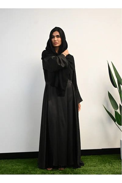Jameela Black Pleated Front Open Abaya 3 pieces Set