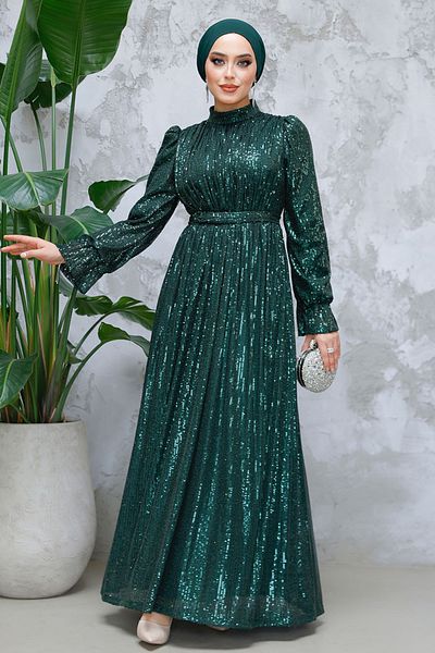 N.S NEVA STYLE Βραδινό φόρεμα με παγιέτες Emerald Green Hijab 44961ZY