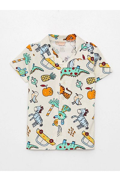 LC Waikiki Lcw Baby Ecru Polo Neck Short Sleeve Patterned Baby Boy Pajama Set