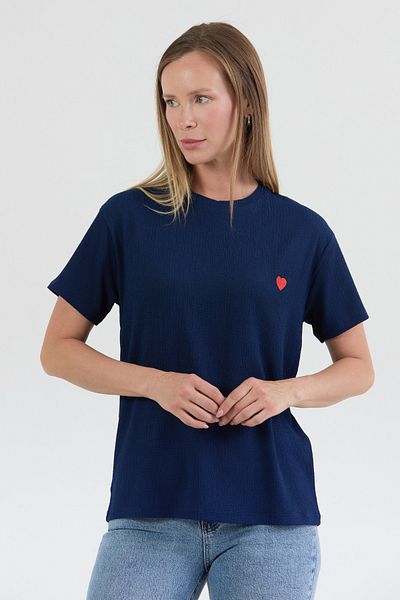 Fulla Moda Heart Embroidered Wrinkle Fabric T-Shirt
