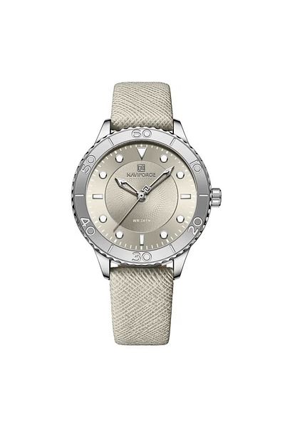 Naviforce Elegant Women's Quartz Watch Stylish Round Dial with Textured Design Rotating Bezel Leather Strap