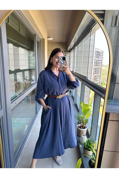 Elif Özbey Butik Rochie cămașă cu centură cu textura moale bleumarin