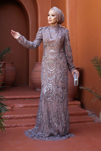 N.S NEVA STYLE - Bead Embroidered Mink Hijab Evening Dress 51812V