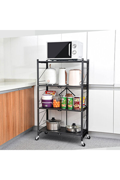 rexa Modern Foldable Metal Kitchen Shelf, Strong, 4-Tier Storage Rack & Shelf with Wheels