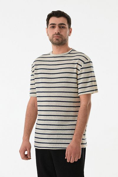 Fulla Moda Πλεκτό μπλουζάκι με ριγέ διάτρητο λαιμόκοψη