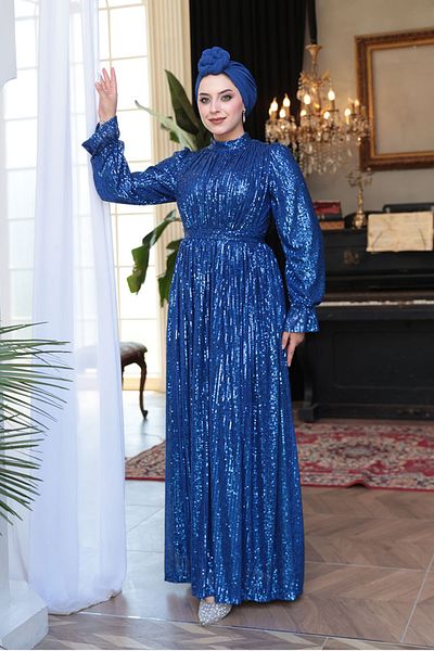 N.S NEVA STYLE Βραδινό φόρεμα με παγιέτες Sax Blue Hijab 44961SX