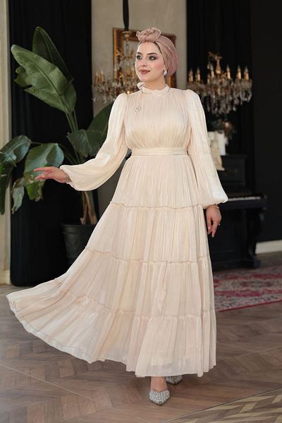 N.S NEVA STYLE - Βραδινό φόρεμα με πλισέ μπεζ χιτζάμπ 52981BEJ