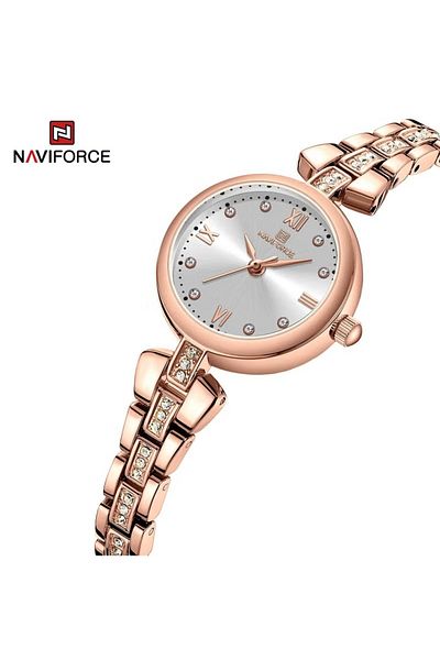 Naviforce Women's Elegant Rose Gold Analog Watch – 28MM Silver Dial with Crystal Accents