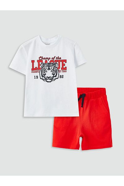 LC Waikiki Lcw Kids White Crew Neck Printed Short Sleeve Boys T-Shirt and Shorts