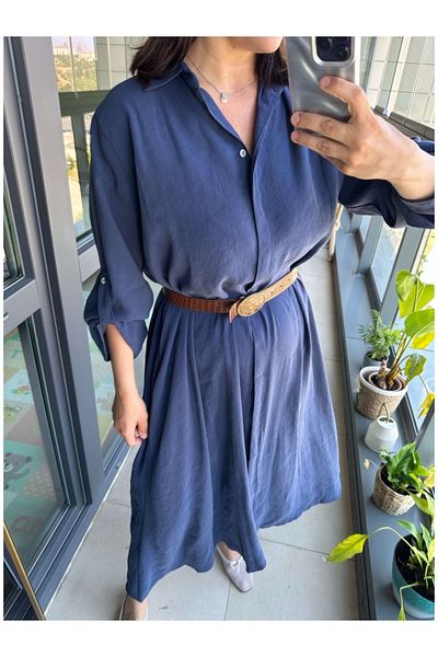 Elif Özbey Butik Rochie cămașă cu centură cu textura moale bleumarin