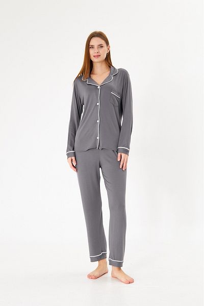 ÇağrıHome Women's 100% Cotton Luxury Viscose Anthracite Shirt Collar Buttoned White Piping Pajama Set