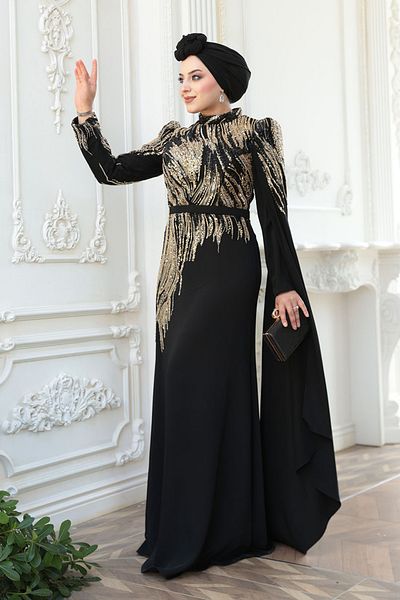 N.S NEVA STYLE - Beaded Black Hijab Evening Dress 51423S