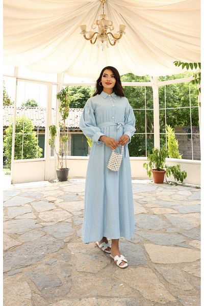 Dadali Belt Balloon Sleeve Stone Button Dress Baby Blue