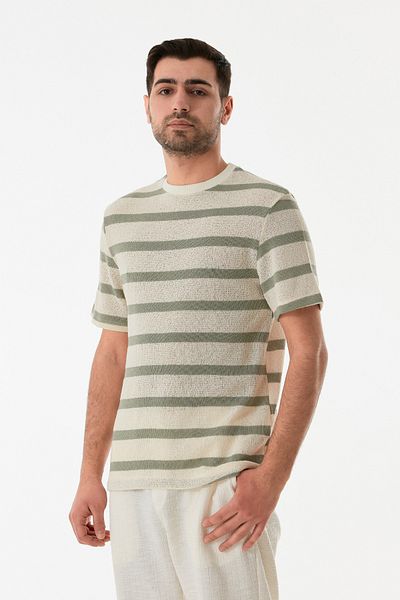Fulla Moda Πλεκτό μπλουζάκι με ριγέ διάτρητο λαιμόκοψη