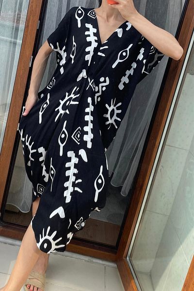 AYASOFYA OTANTIK Women's Black V Blue White Patterned Short Sleeve Midi Pareo Dress