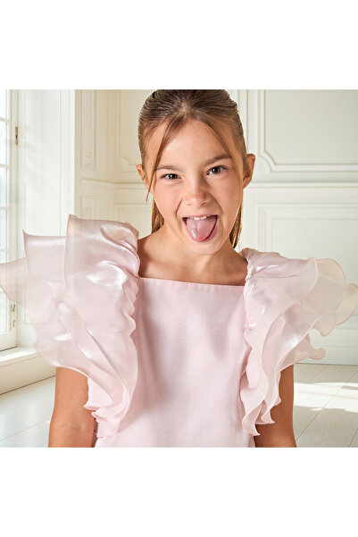 Juniors Solid Ruffle Detail Top with Square Neck and Button Closure